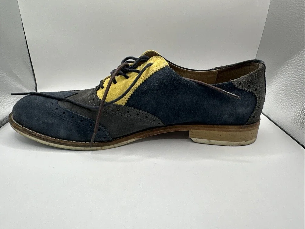 John Fluevog BCAT Wingtip Oxford Suede Dress Shoes Grey/Brown/Yellow Men Size 12